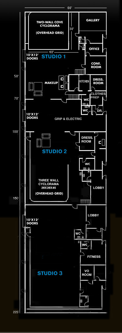 Loft 19 Studios floor plan — three production stages and full support spaces