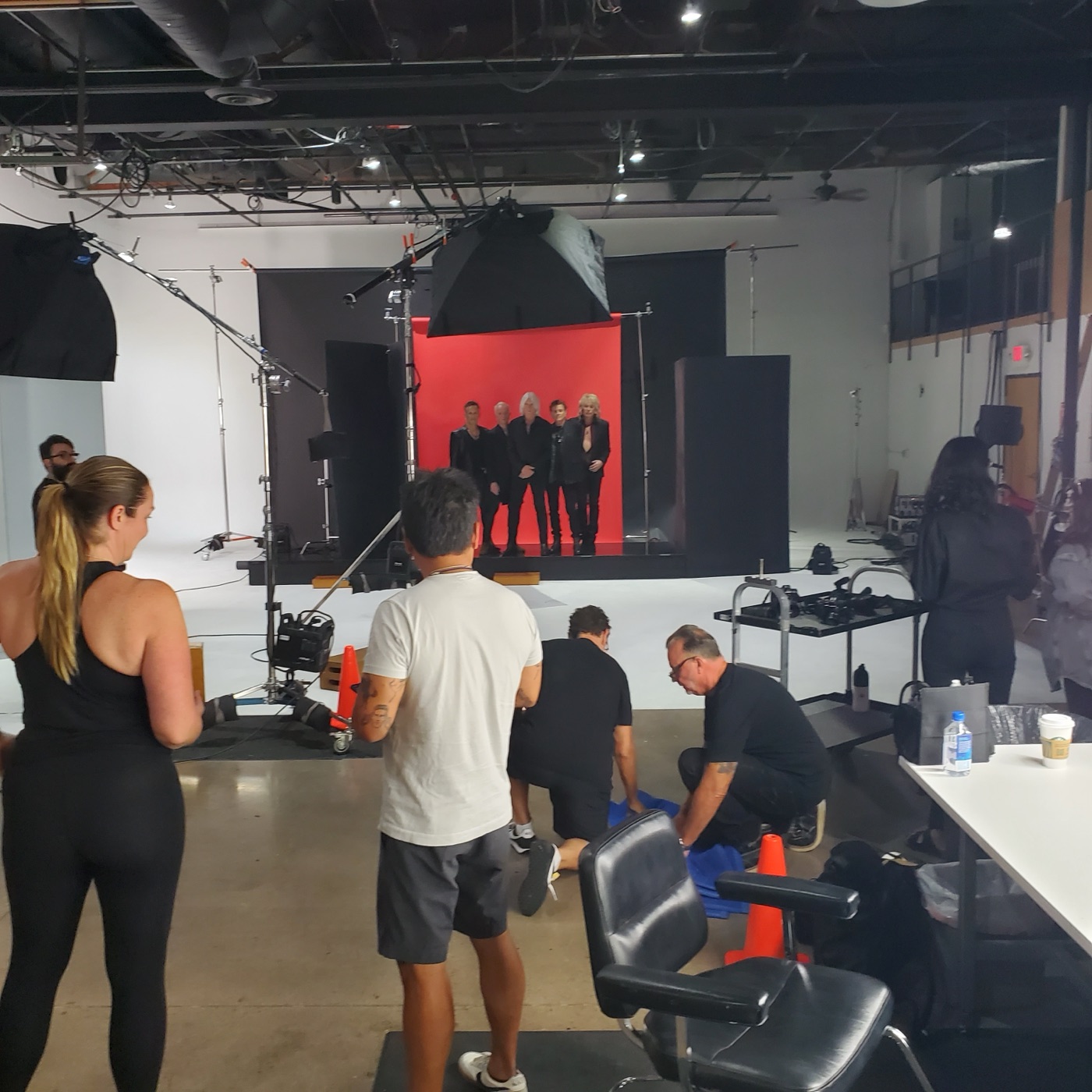 Def Leppard band photo shoot on a red cyclorama at Loft 19